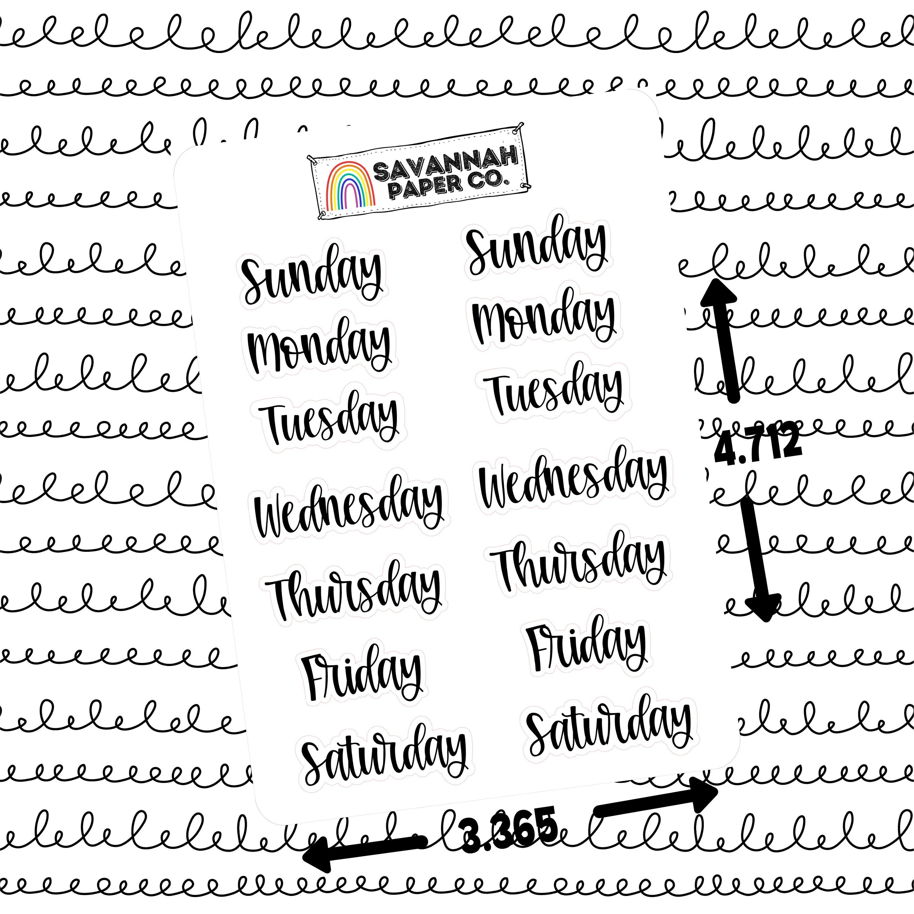 SAD Script Days of the Week  Clear GLOSSY Sticker Sheet – See Amy Draw